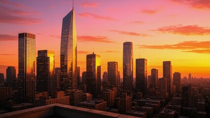 Obraz premium The chicago skyline reflects the golden hues of a vibrant sunrise over lake michigan, creating a breathtaking panorama of urban beauty and natural splendor