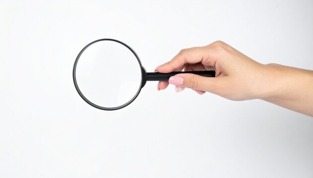 Close-up of a woman holding a magnifying glass, isolated on white background, search and investigation concept.