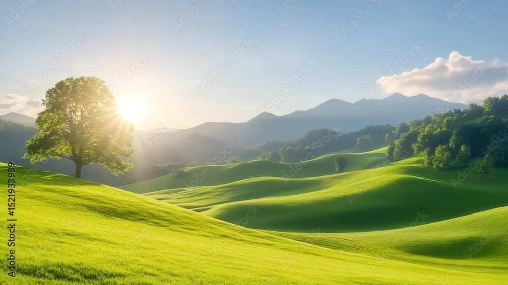 Poster serene meadow: majestic tree on a backdrop of rolling green hills under a clear blue sky, creating a