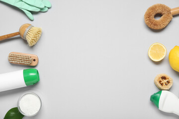 Composition with natural products and supplies for cleaning on grey background