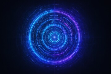 Fototapeta premium Mesmerizing abstract background featuring a glowing futuristic circular interface or portal in vibrant shades of digital blue and deep purple on a dark textured backdrop.