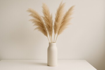 Minimalist still life of fluffy beige pampas grass stems in a sleek white ceramic decor vase placed on a clean white surface against a white background creating a modern bohemian aesthetic.