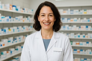Professional and approachable female pharmacist in a crisp white lab coat standing confidently in front of well-stocked pharmacy shelves smiling warmly at the camera ready to assist.