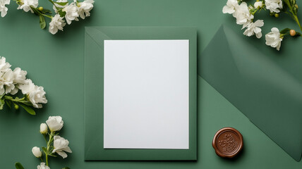 Elegant wedding stationery mockup with a blank white card, green envelope, wax seal, and white flowers.