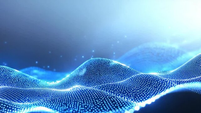 Abstract Blue Digital Landscape:  Glowing Particle Waves