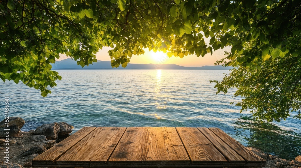 Poster a rustic wooden table set beneath leafy branches overlooking a tranquil lake at sunset, creating a p