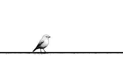 Flat minimalist illustration of a small bird perched on a black horizontal line aligned to the left side over a plain white background with clean vector style and empty space on the right side
