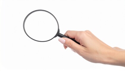 Close-up of a woman holding a magnifying glass, isolated on white background, search and investigation concept.