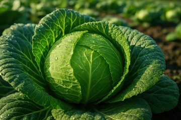 Obraz premium Vibrant close-up of a perfectly formed head of green cabbage with dewdrops glistening on its tightly packed leaves nestled in a fertile agricultural field under the morning sun.