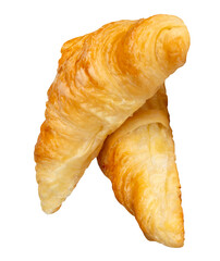 Top view of two brown or golden croissants in stack isolated with clipping path in png file format