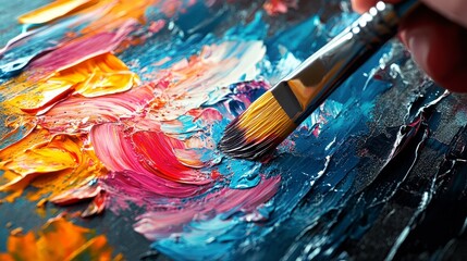 Vibrant Color Palette with Paint Brush on Canvas for Art Creation