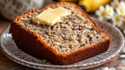 Deliciously Moist Banana Bread Slice with Butter on Plate