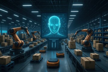 Futuristic Smart Warehouse with AI Controlled Robotic Arms Sorting and Loading Goods No Human Intervention Visible