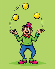 a man wearing a hat, enthusiastically juggling three yellow balls in the air, symbolizing skill and a lively performance