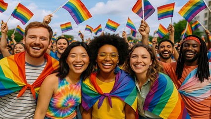 Multi-ethnic group of lgbtq activists celebrating pride during a vibrant parade, joyfully waving rainbow flags while promoting diversity, equality, and love within the community