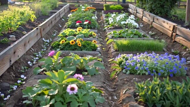 Flower and vegetable garden with organized soil beds, Home garden with edible plants and decorative flowers