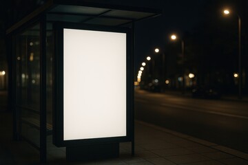 Blank White Vertical Digital Advertising Billboard or Poster Mockup on a City Street Bus Stop Shelter at Night