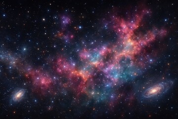 Naklejka premium Awe-Inspiring Deep Space Vista with Billions of Stars, Colorful Nebulae, and Distant Spiral Galaxies in the Vast Universe