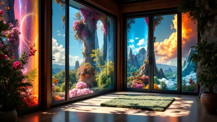 A sunlit room with large windows opens to a vibrant, fantastical mountain landscape filled with colorful flowers, clouds, and dramatic rock formations.