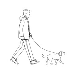 Man walking with a dog in continuous one line art style. Simple vector illustration