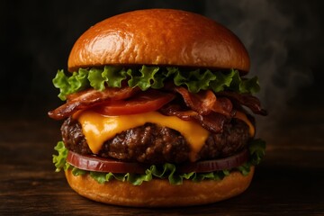 Gourmet Juicy Hamburger with Melted Cheddar Cream, Crispy Bacon, and Fresh Toppings in a Toasted Brioche Bun on a Dark, Smoky Wooden Table