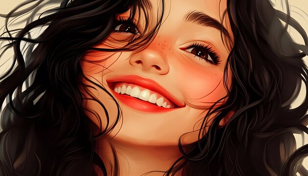 A joyful woman with expressive eyes and a bright smile.
