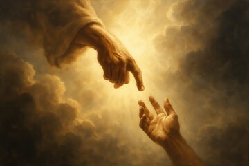 Symbolic Representation of God's Hand Reaching Down from the Heavens to Gently Touch or Connect with a Human Hand Reaching Up