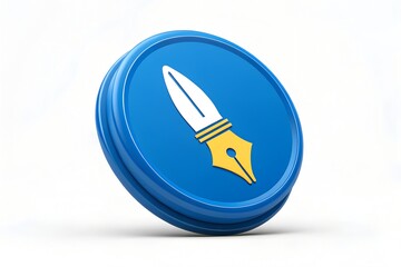 Blue round button icon featuring a quill pen
