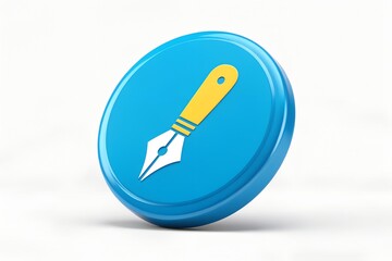 Blue round button with yellow and white fountain pen icon