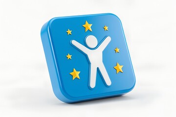 Happy person icon surrounded by stars blue square