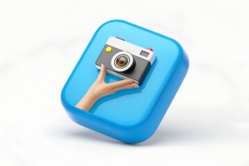 Hand holding retro camera on blue square app icon