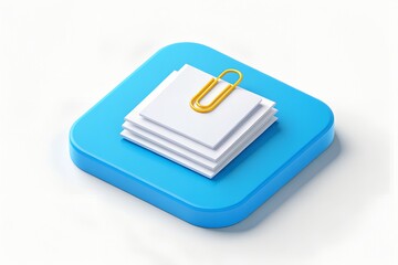 Stack of papers secured with a yellow paperclip on blue square