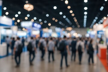 Blurred background of a large bustling expo hall or trade show with many attendees walking around exhibition booths and displays creating a sense of activity and networking with copy space