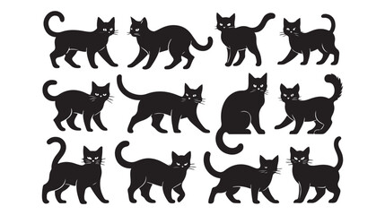 Black cat silhouettes in different poses isolated on white background halloween concept vector