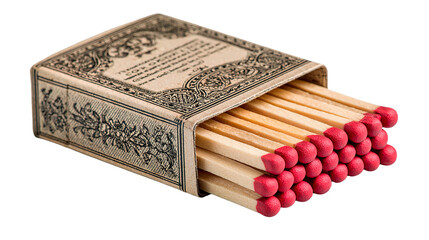 Close-up of a vintage matchbox, filled with wooden matches and red tips.