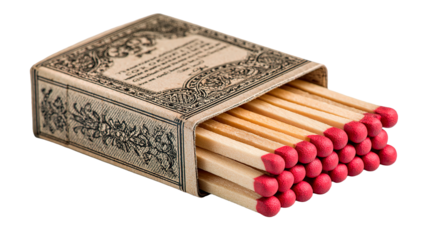 Close-up of a vintage matchbox, filled with wooden matches and red tips.