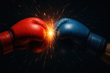 Fototapeta na wymiar Dynamic clash between a powerful red boxing glove and a blue boxing glove captured at the moment of impact with explosive energy lines or particles radiating outwards on a dark background