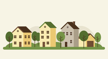 Naklejka premium Row of four distinct houses in a serene suburban neighborhood with earthy tones and greenery
