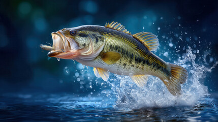 Bass leaps dramatically out of water, fishing lure in mouth, water droplets frozen mid-air. Aquatic setting with captivating lighting. Concept of fishing, outdoor adventure, sports