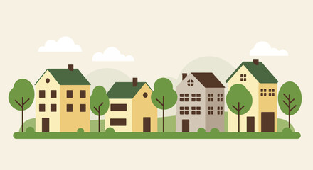 Fototapeta premium Row of five houses in a serene suburban neighborhood with green trees and a sunny sky