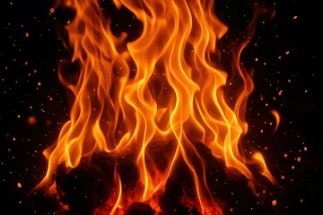 Intense extreme close-up macro shot of roaring flames from a bonfire or fireplace with vibrant orange yellow and red colors and visible embers and sparks against a dark background
