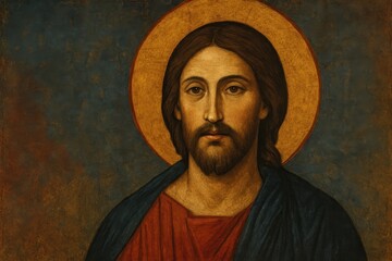 Naklejka premium Modern artistic interpretation of Jesus Christ's face in the style of a Byzantine icon with serene expression golden halo and subtle textures on a deep blue or crimson background with copy space