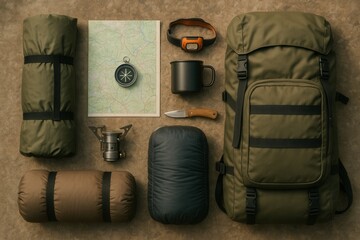 Neatly arranged flat lay (knolling) of essential camping equipment including a tent sleeping bag backpack compass map and cooking gear on a rustic wooden background