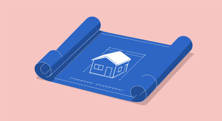 Illustration of a blue architectural blueprint on rolled parchment with pink background