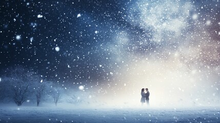 Couple standing together in snowy landscape under starry night sky with falling snowflakes