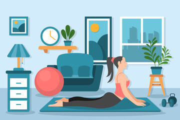 Flat Vector Illustration of Woman Doing Yoga at Living Room