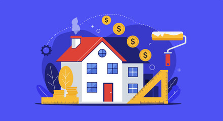 Naklejka premium Cartoon house illustration with financial and construction symbols on blue background
