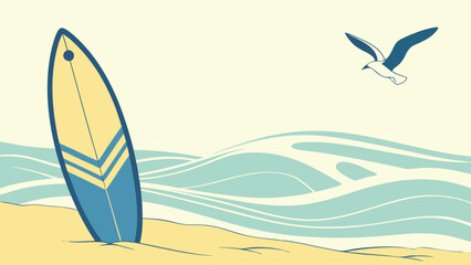 Surfboard on Beach with Seagull and Ocean Waves in Retro Style