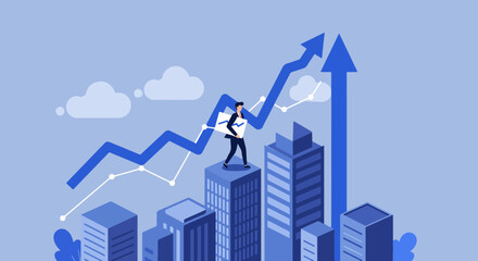 Fototapeta premium Male businessperson ascending upward-trending line graph with cityscape background