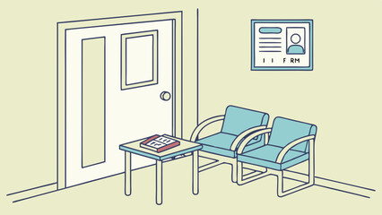 Minimalist Waiting Room Illustration Two Teal Armchairs Table and Form